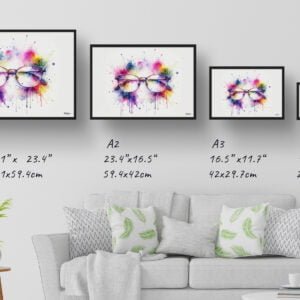 dream watercolour browline glasses metal print size comparison