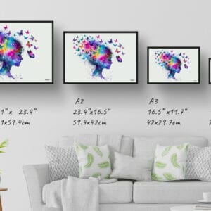 dream watercolour psychology thoughts of a woman print size comparison